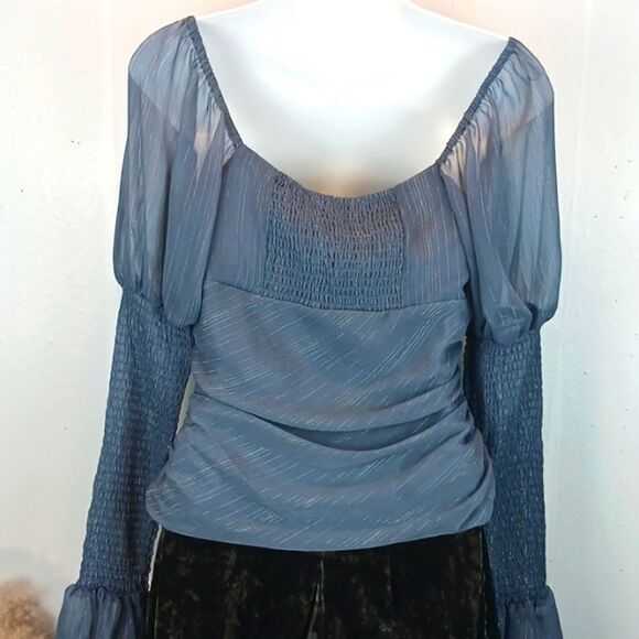 WAYF Whimsigoth Slate blue chiffon ruched long puff sleeve top size small fairy - Picture 9 of 13